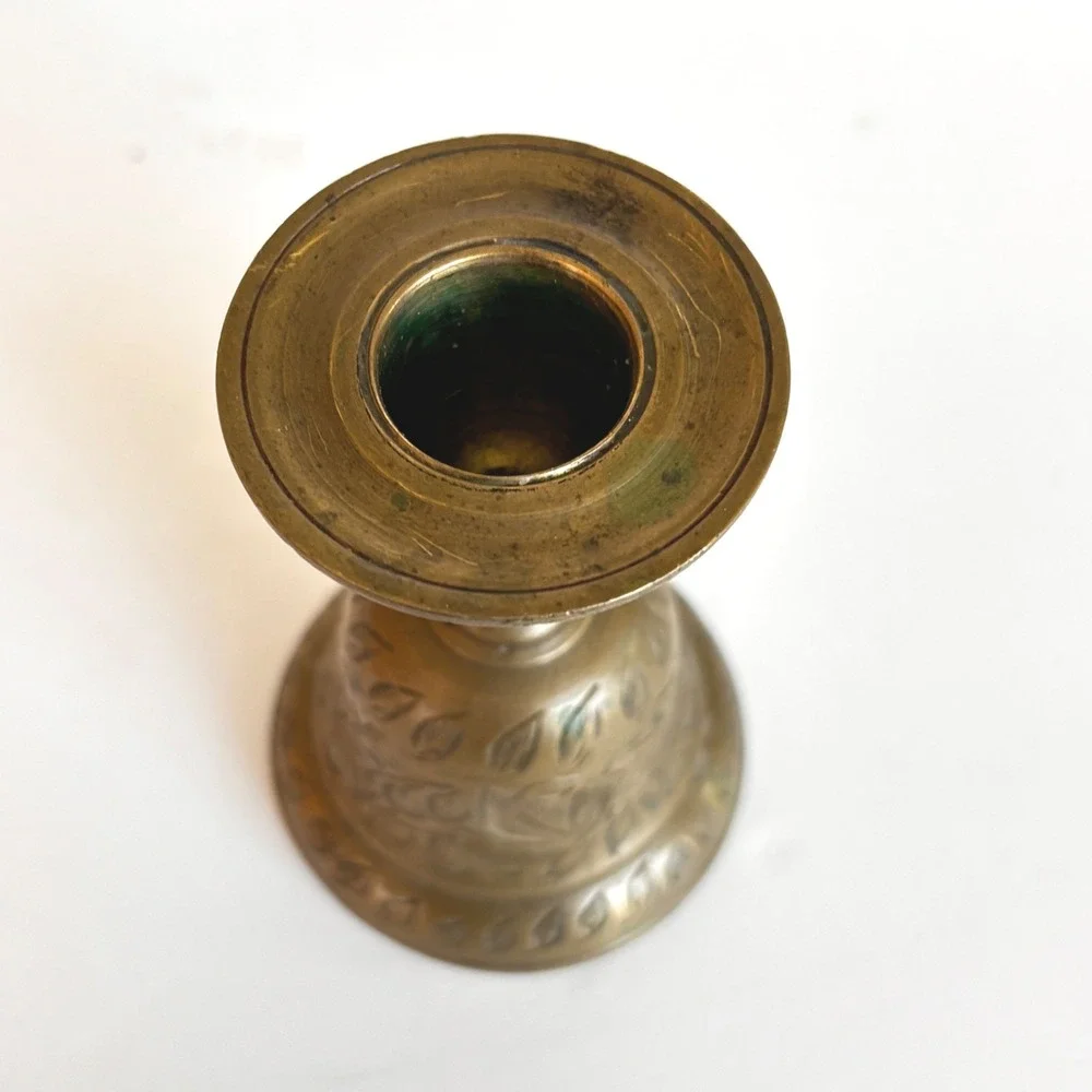 Vintage Bells of Sarna India 318 Brass Etched Floral Candlestick Holder Bell 60s